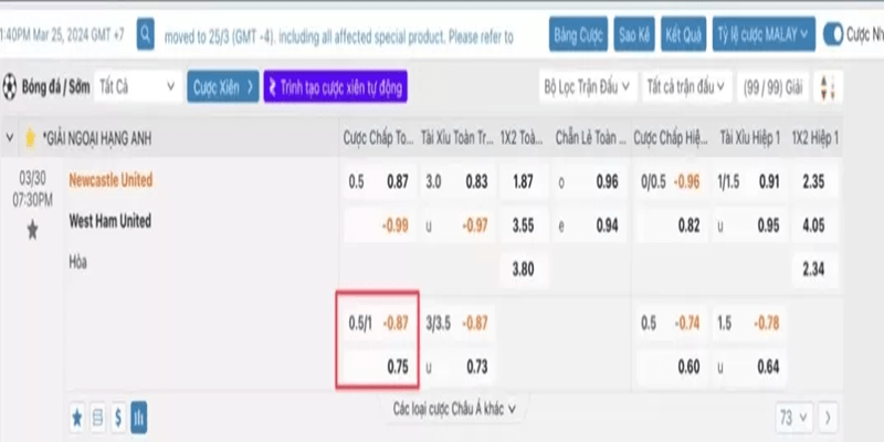 Ví dụ về kèo 1/2 giữa Newcastle United và West Ham United